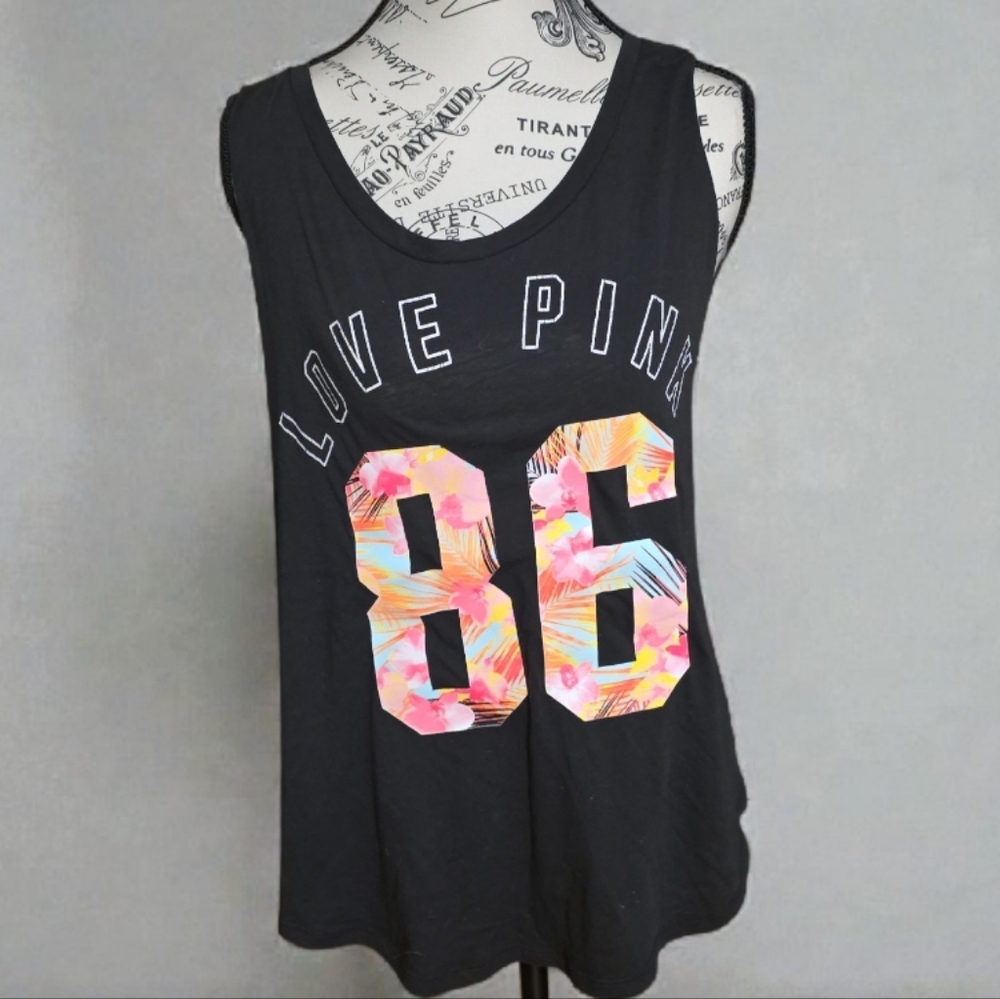 Victoria's Secret Black Tank Top with‎ Floral '86' Design